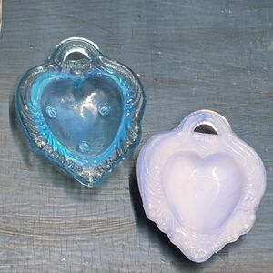 Vintage Salt Dish Set Of 2 Blue and Opalescent Swirl Heart-Shaped Glass
